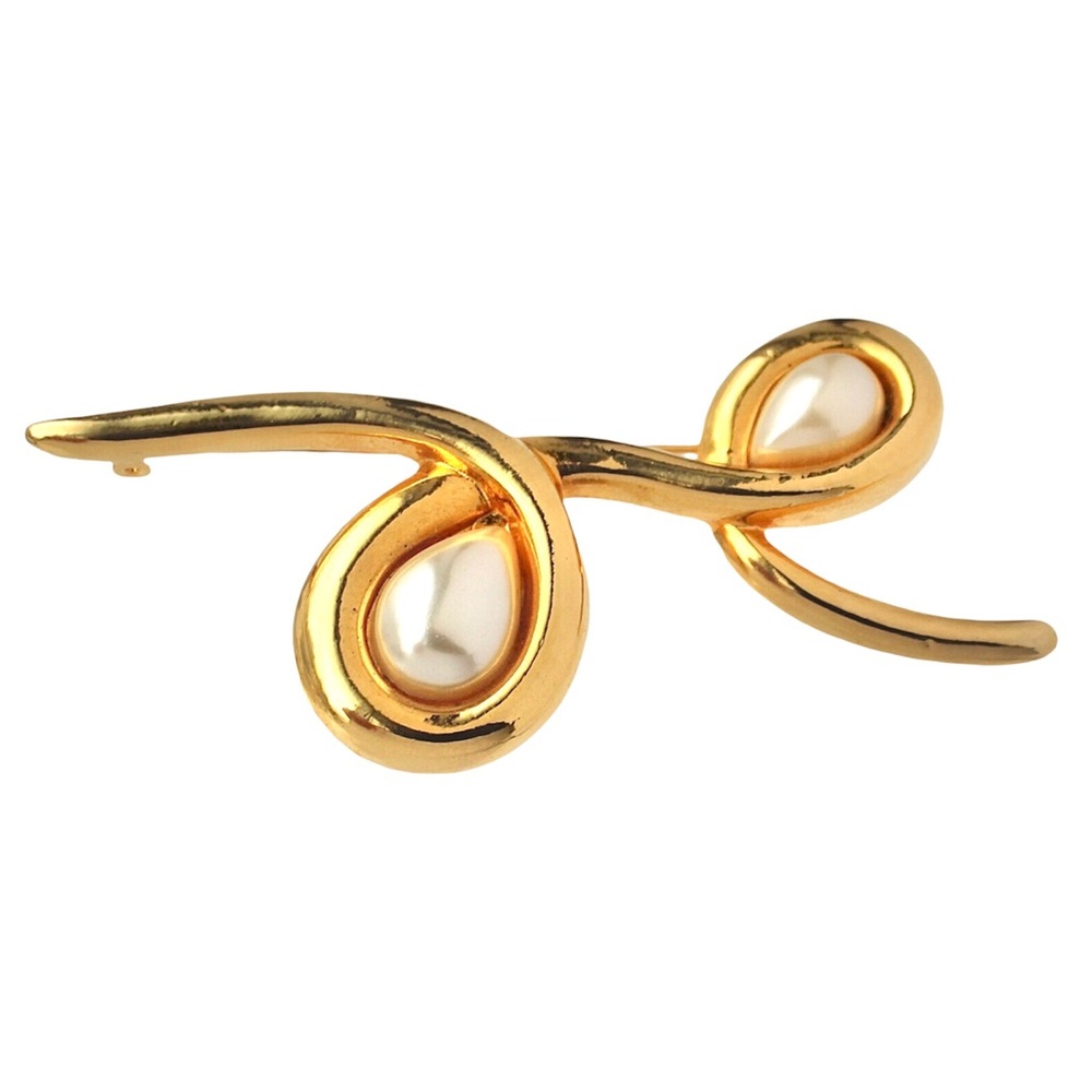 Vintage Costume Pearl Brooch Gold Plated Large Abstract Modernist Loop Knot